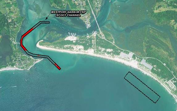 A drawing showing the areas of the federal channel into Westport Harbor to be dredged (in red), with the disposal site off Horseneck Beach shown by the dotted box.