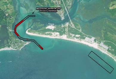 A drawing showing the areas of the federal channel into Westport Harbor to be dredged.